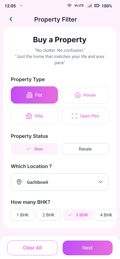 Property Filter Selection Screen